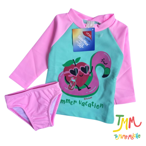 Conjunto malla UV+50 fritulla verde manga rosa